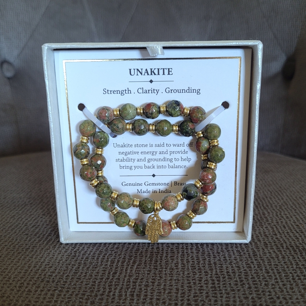 Shivam Unakite Stretch Bracelet Duo✌️ with Hamsa🤚Charm - NIB - Picture 11 of 15